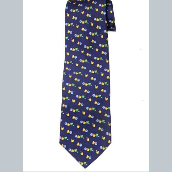 Brooks Brothers Italian Silk Tie Blue Green Gold Apples Pattern Men's - Picture 1 of 1